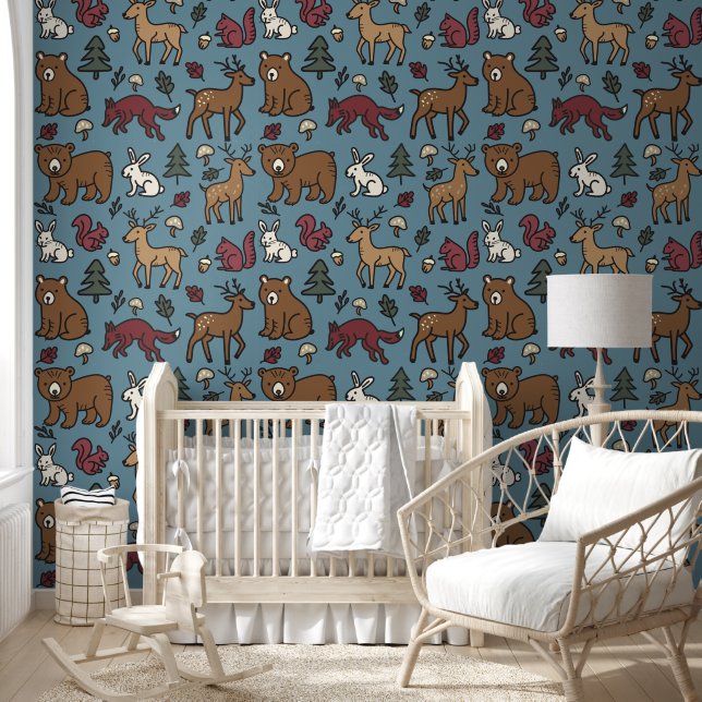 Woodland Forest Doodle Animals Cream Wallpaper (Kids)