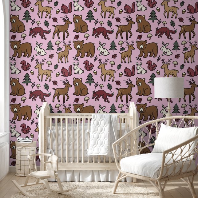 Woodland Forest Doodle Animals pink Wallpaper (Kids)