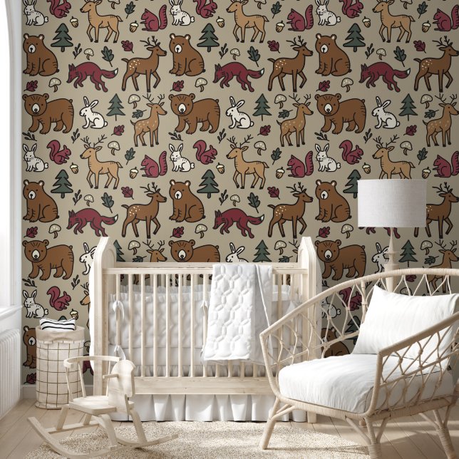 Woodland Forest Doodle Animals tan Wallpaper (Kids)
