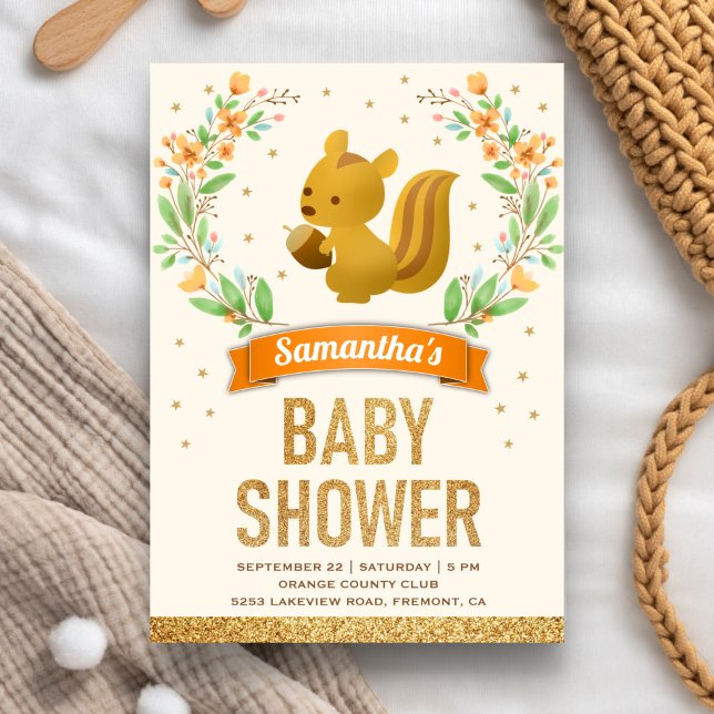 Woodland Forest Floral Cute Squirrel Baby Shower Invitation (Creator Uploaded)