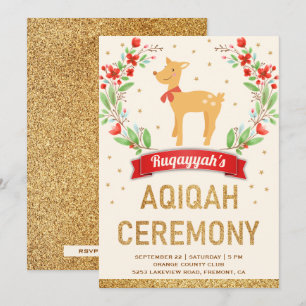 Woodland Forest Floral Gold Girl Deer Aqiqah Invitation