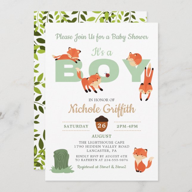Woodland Forest Fox Boy Baby Shower Invitation (Front/Back)