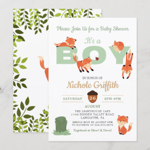 Woodland Forest Fox Boy Baby Shower Invitation