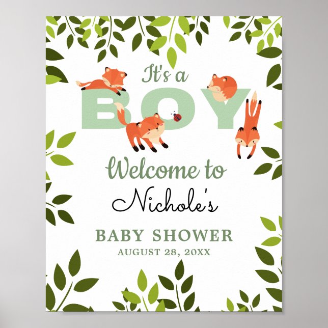 Woodland Forest Fox Boy Baby Shower Welcome Sign (Front)