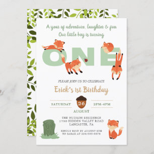 Woodland Forest Fox First Birthday Invitation