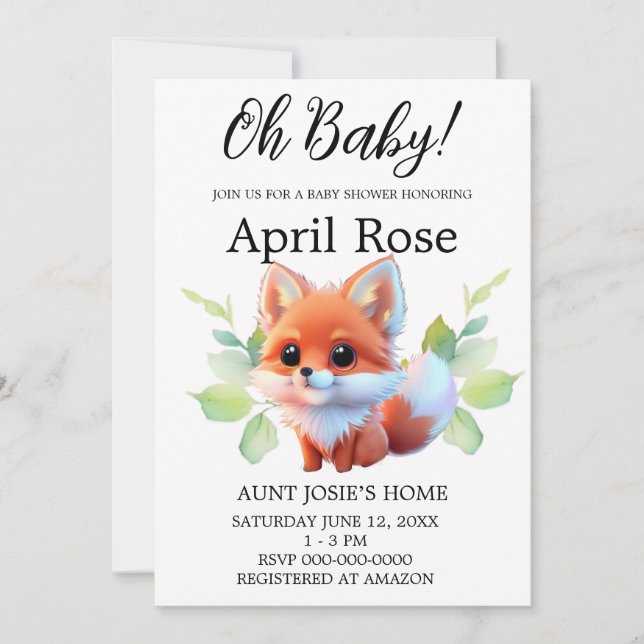Woodland forest friends cute baby fox animal  invitation (Front)