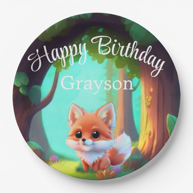 Woodland forest friends cute baby fox birthday paper plate (Front)