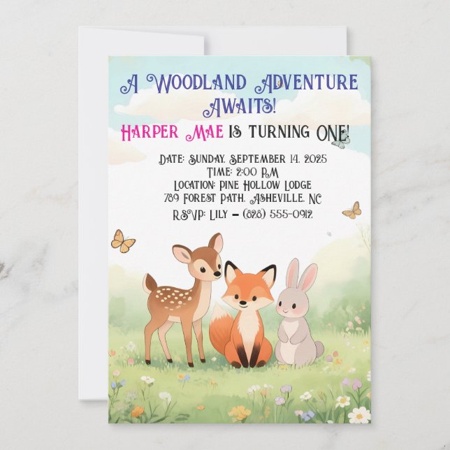 Woodland Forest Friends First Birthday Invitation (Front)