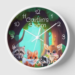 Woodland forest friends fox racoon deer skunk clock