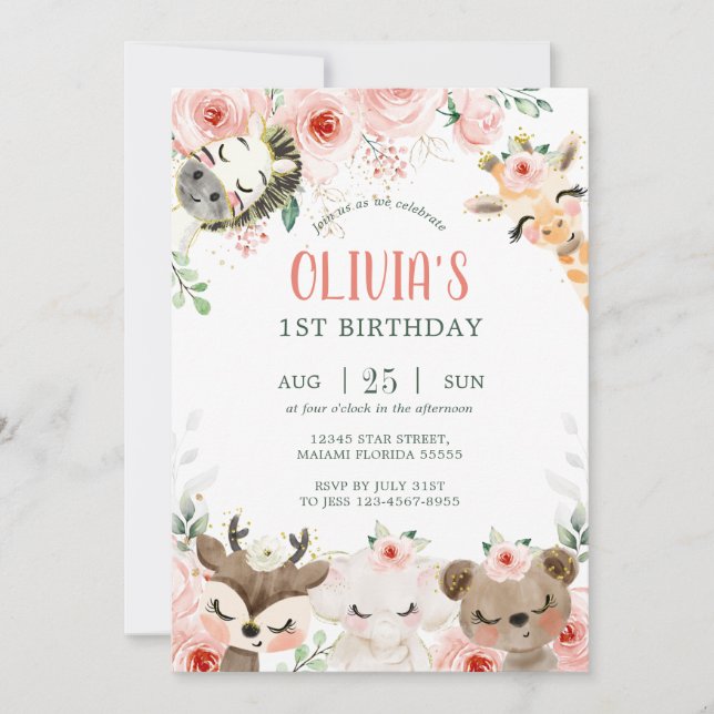 Woodland forest friends pink floral birthday invitation (Front)
