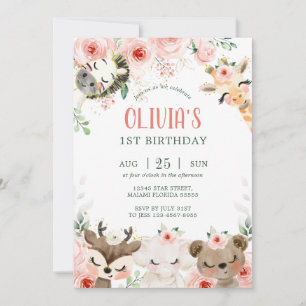 Woodland forest friends pink floral birthday invitation