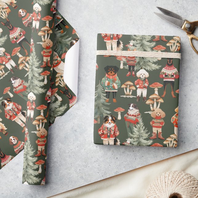 Woodland Forest Green Dog Christmas  Wrapping Paper (Creator Uploaded)