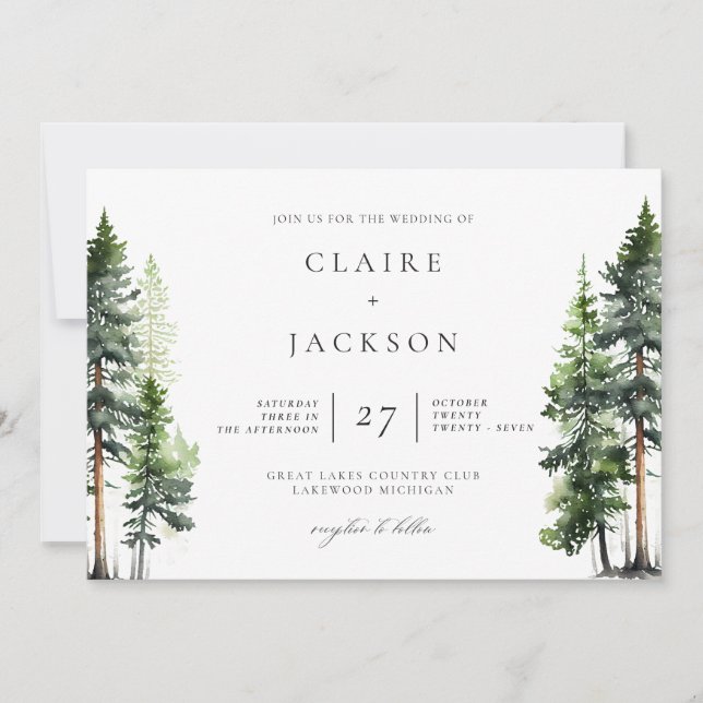 Woodland Forest Green Pines Modern Wedding/Details Invitation (Front)