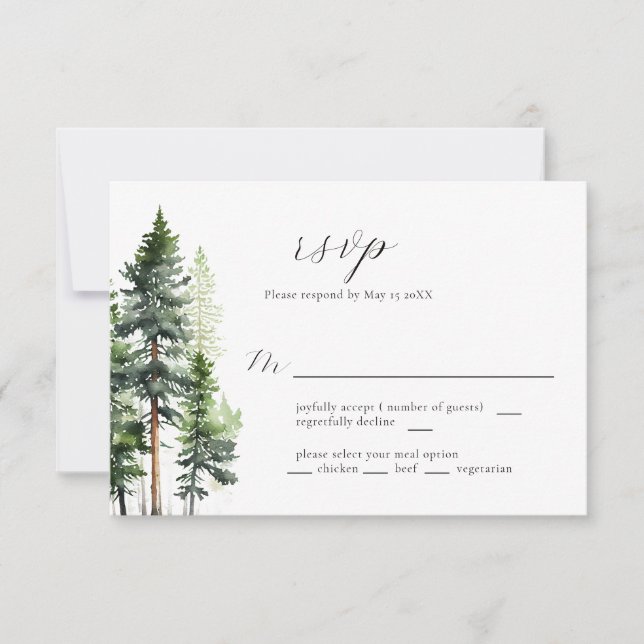Woodland Forest Green Pines Wedding RSVP Card (Front)