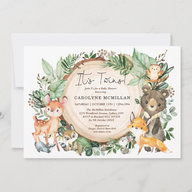Woodland Forest Greenery Animals Twin Baby Shower Invitation (Front)
