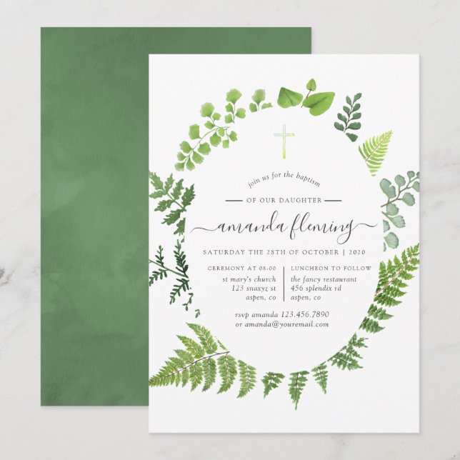 Woodland Forest Greenery Baptism or Christening Invitation (Front/Back)