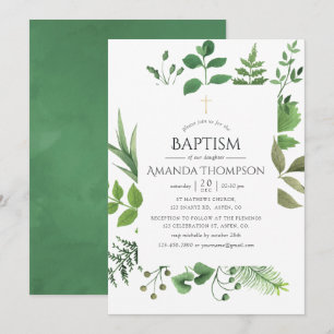 Woodland Forest Greenery Baptism or Christening Invitation