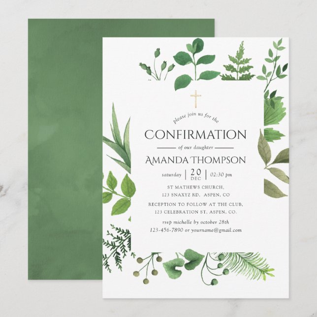 Woodland Forest Greenery Confirmation Invitation (Front/Back)