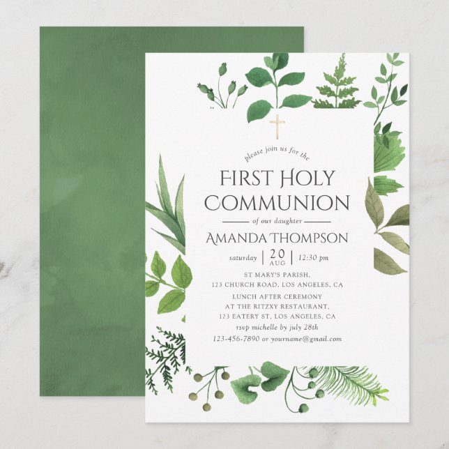 Woodland Forest Greenery First Holy Communion Invitation (Front/Back)