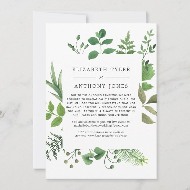 Woodland Forest Greenery Reduced Wedding Guests Announcement (Front)
