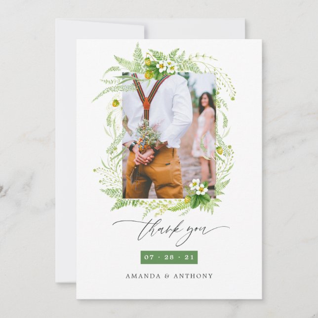 Woodland Forest Greenery Wedding Photo Collage Thank You Card (Front)