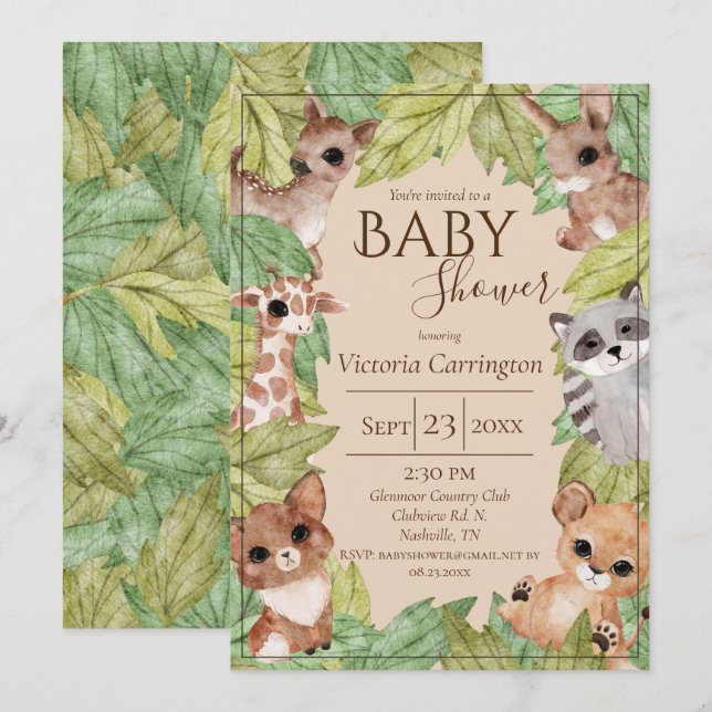 Woodland Forest Jungle Animals Greenery Baby  Invitation (Front/Back)
