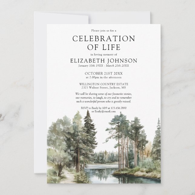 Woodland Forest Lake Celebration Of Life Funeral Invitation (Front)