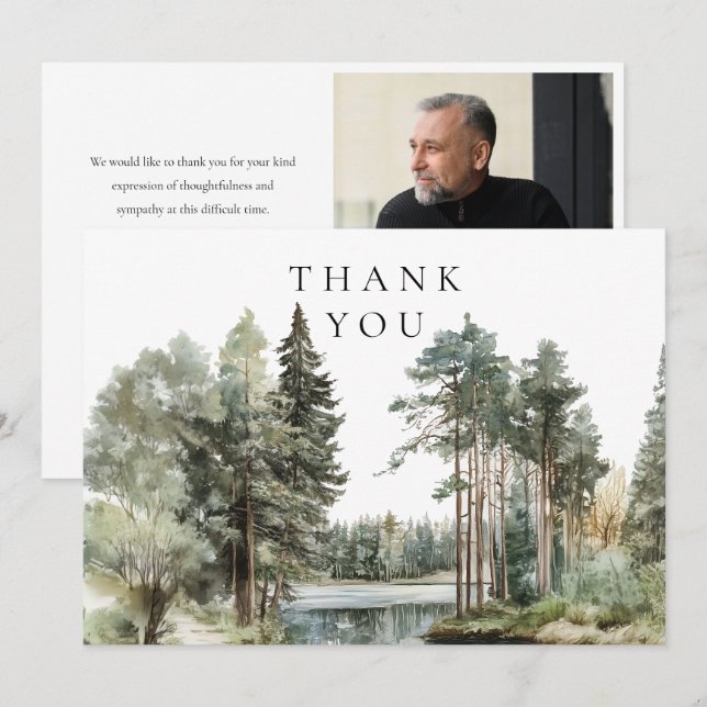 Woodland Forest Lake Funeral Photo Thank You Card (Front/Back)