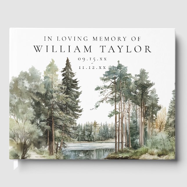Woodland Forest Lake In Loving Memory Funeral Guest Book (Front)