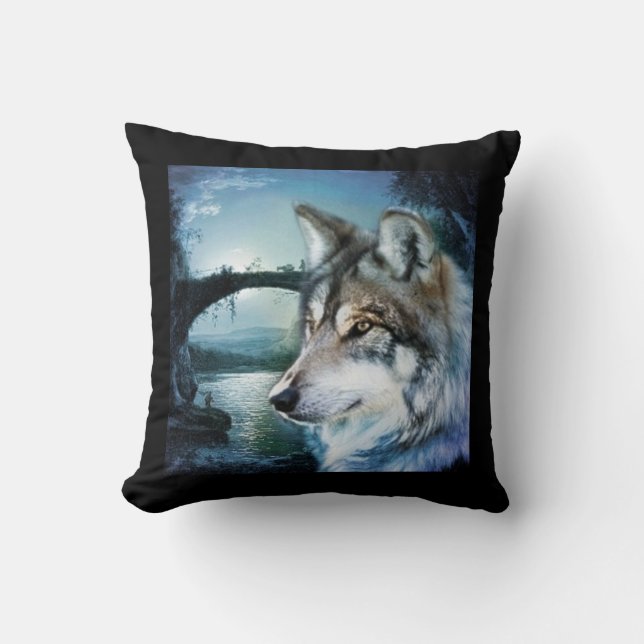 woodland forest moonlight full moon wolf cushion (Front)