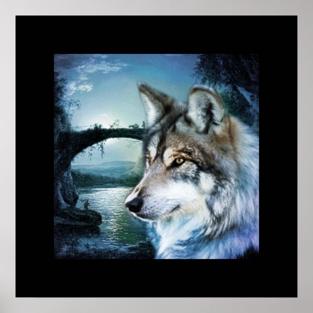 woodland forest moonlight full moon wolf poster (Front)
