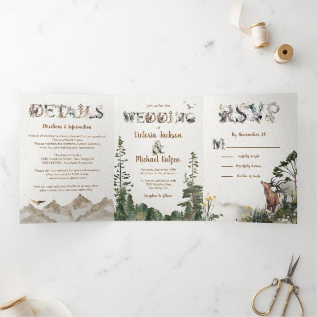 Woodland Forest Mountain Watercolor Wedding Tri-Fold Invitation (Inside)