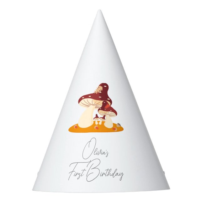 Woodland Forest Mushroom First Birthday  Party Hat (Front)