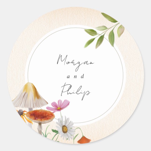 Woodland Forest Mushroom Floral Wedding Classic Round Sticker (Front)
