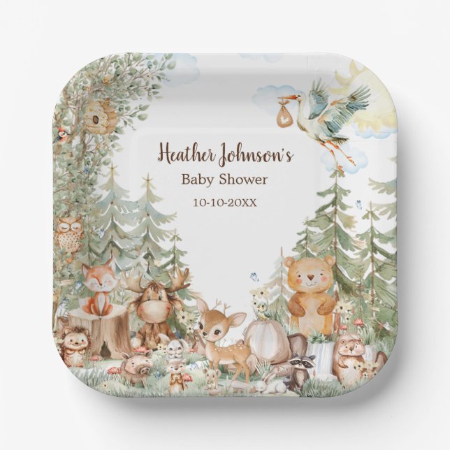 Woodland Forest Neutral Baby Shower  Paper Plate (Front)