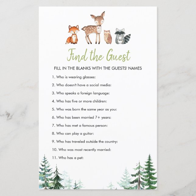 Woodland Forest Oh Boy Baby Shower Find The Guest (Front)