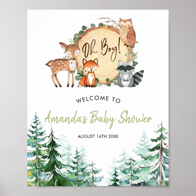 Woodland Forest Oh Boy Baby Shower Welcome Poster (Front)
