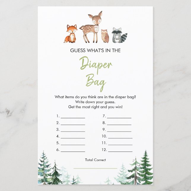 Woodland Forest Oh Boy Shower What's in Diaper Bag (Front)