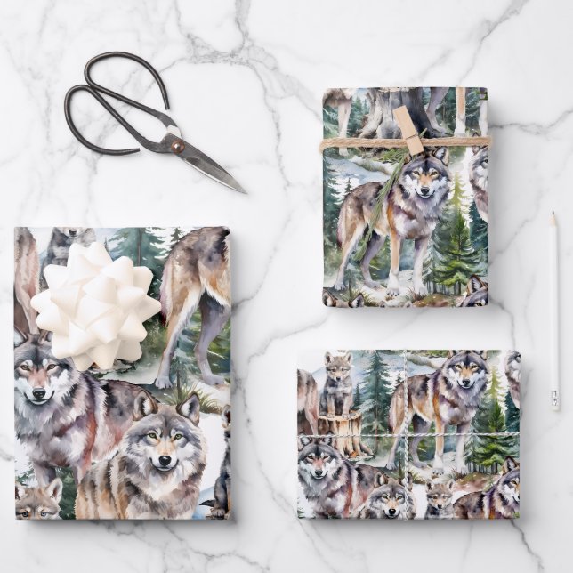 Woodland Forest Pack Of Wolves Wrapping Paper Sheet (Front)