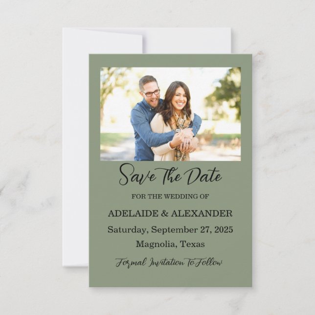 Woodland Forest Photo Wedding Green Save The Date (Front)