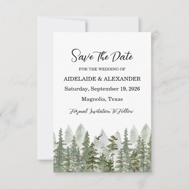 Woodland Forest Photo Wedding Green Save The Date (Front)