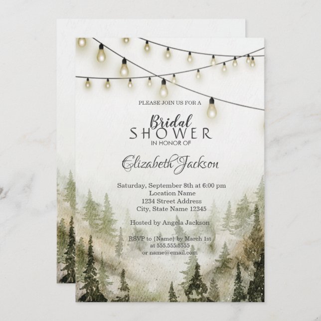 Woodland,Forest,Pine Trees,String Lights Invitation (Front/Back)