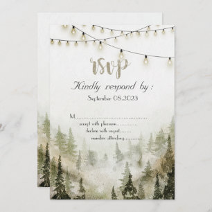 Woodland,Forest,Pine Trees,String Lights RSVP Invitation