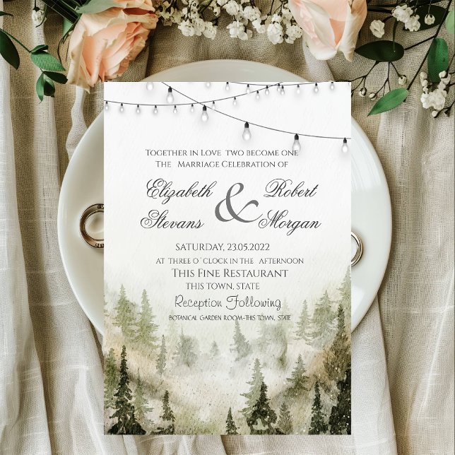 Woodland,Forest,Pine Trees,String Lights Wedding   Invitation (Creator Uploaded)