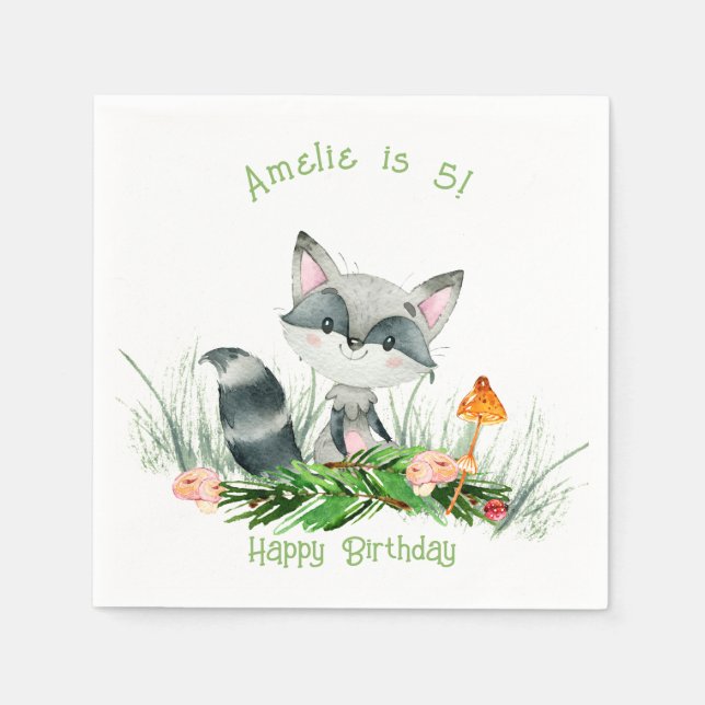 Woodland Forest Racoon Cute Birthday Napkins (Front)