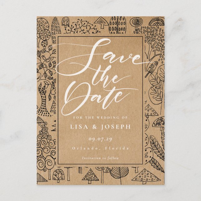 Woodland Forest Rustic Kraft Script Save the Date Announcement Postcard (Front)