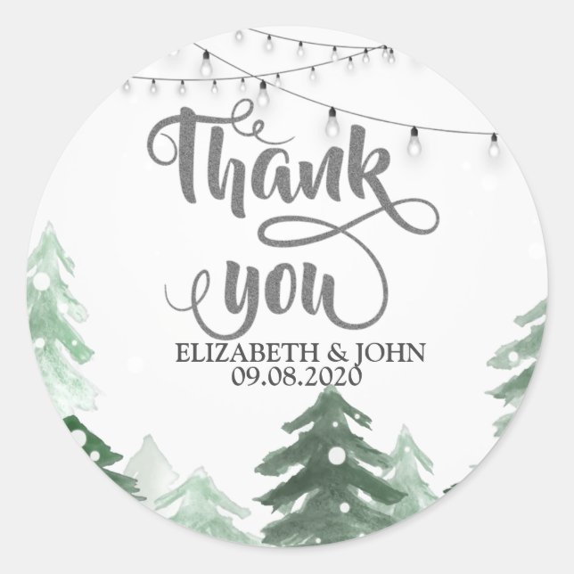 Woodland,Forest String Lights Thank You Wedding Classic Round Sticker (Front)