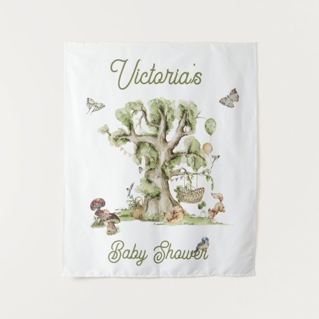 Woodland Forest Tree Cradle Animals Baby Shower Tapestry (Front)