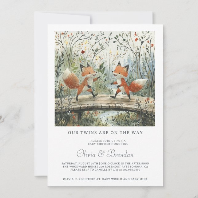 Woodland Forest Twins Baby Shower Invitation (Front)