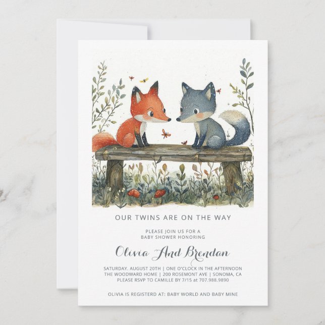 Woodland Forest Twins Baby Shower Invitation (Front)